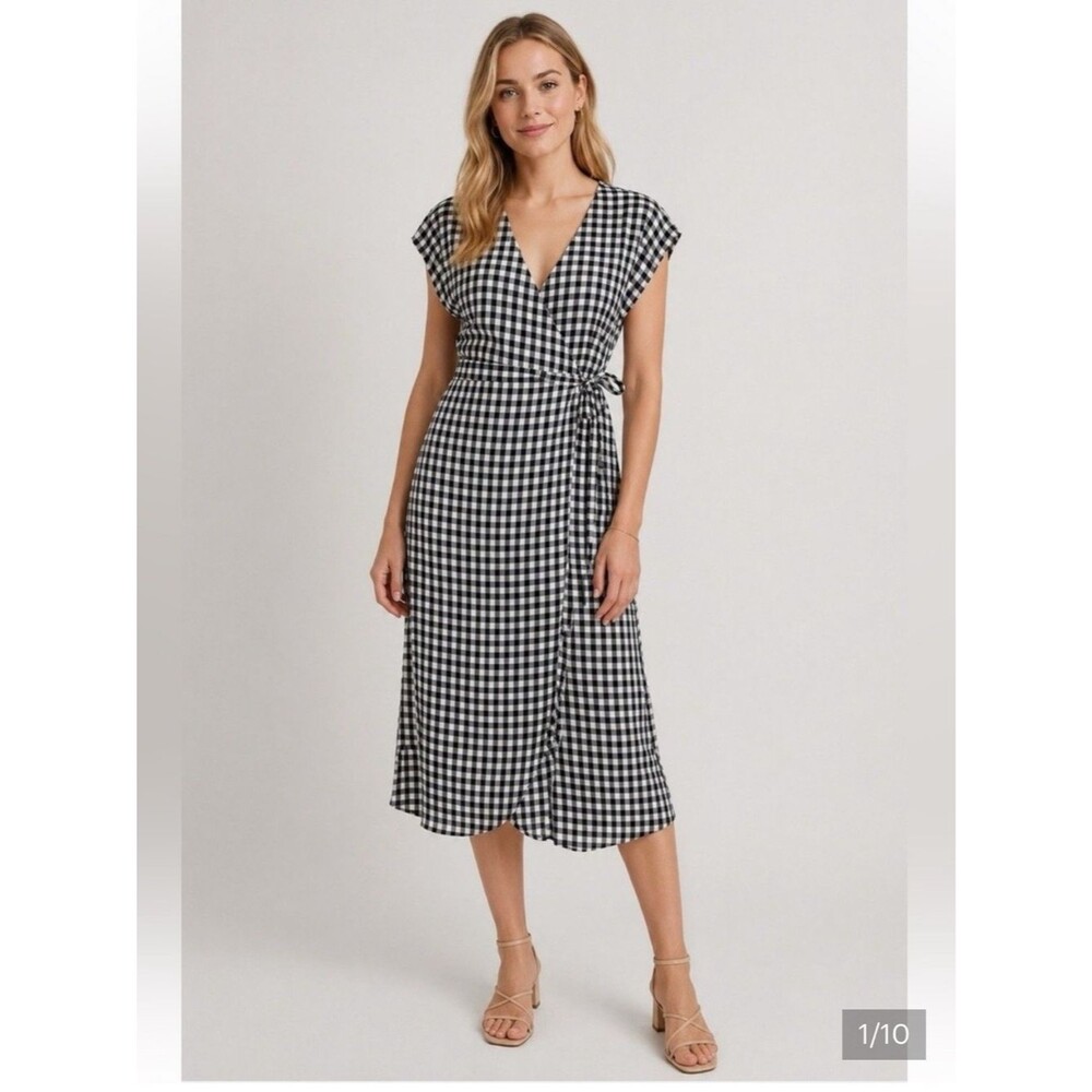 J. Crew Black and White Gingham Wrap Midi Dress Medium 100% Viscose Cap Sleeve